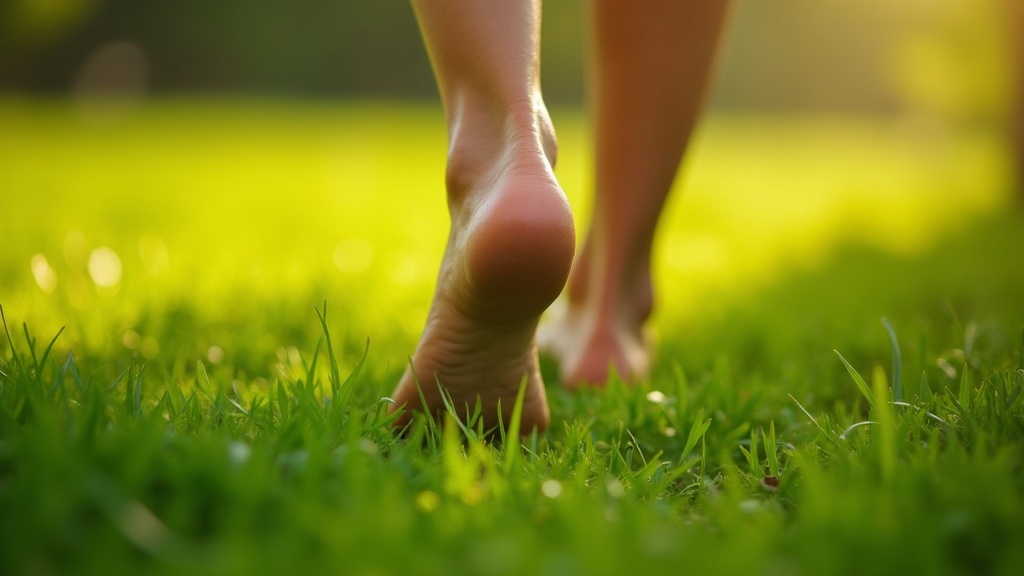Close-up of bare feet walking on grass with sunlight and natural textures